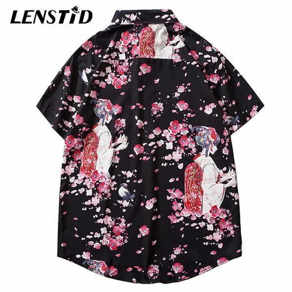 

men hip hop cartoon floral geisha printed hawaiian shirt harajuku streetwear beach shirt summer short sleeve thin shirts, White;black