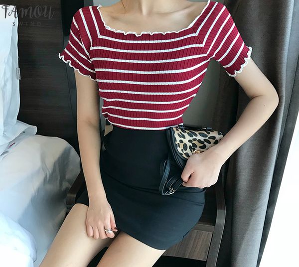 

stripe площадь воротник обрезанной тенниска новых женская студенты с коротким рукавом вискоза футболка вершина crop для женщин 2020 summer, White