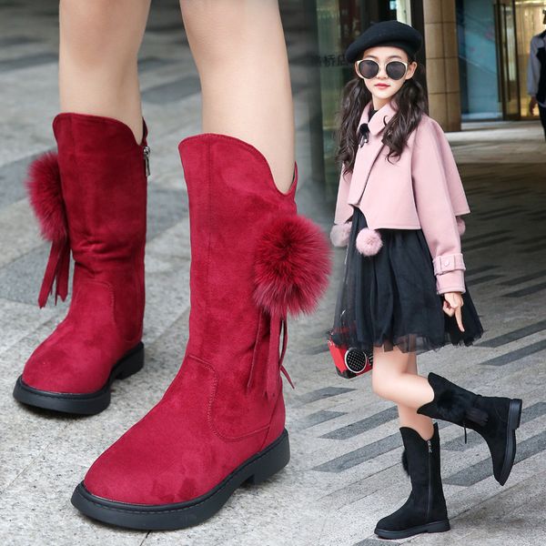 

girls boots 2019 new autumn winter children warm cotton velvet boots big girls princess tassel high, Black;grey