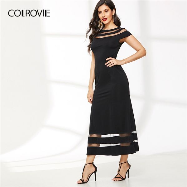 

colrovie black solid contrast mesh dress women 2019 glamorous spring summer short sleeve a line female fit and flare dresses, Black;gray