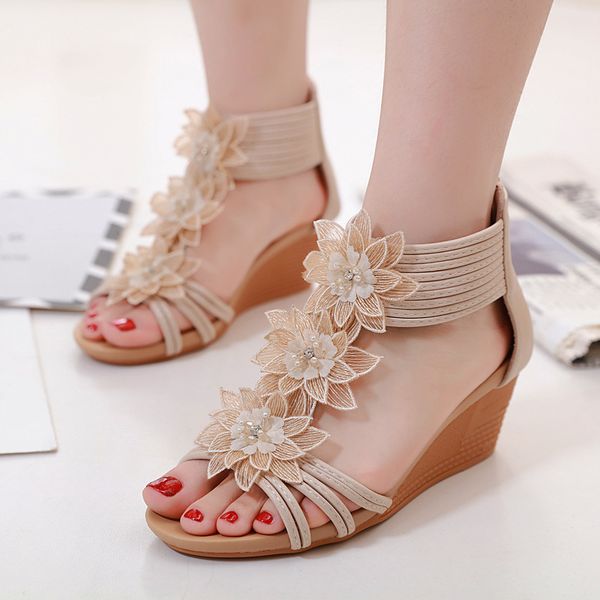 

women summer vintage boho sandals ladies leather wedges sandals girls bohimia beach casual outdoor shoes plus size roman shoes, Black