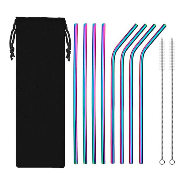 

10pcs/set drinking straw reusable straws with cleaner brush & bag set eco friendly stainless steel metal straw for mugs