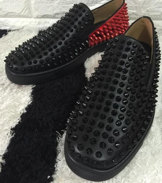 

drop shipping casual new genuine leather men spikes low-red sneakers shoes,designer men party dress flat casual walking shoes siz 6dh, Black