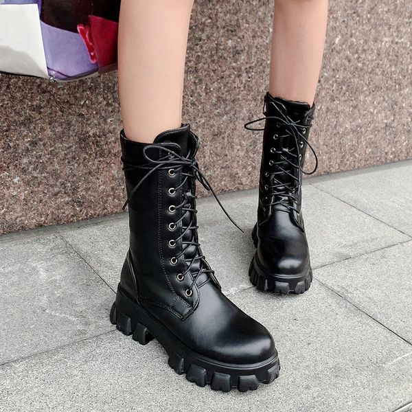 

2019 fashion white black lace up faux leather boots women mid calf platform gothic sport ladies shoes sneakers women