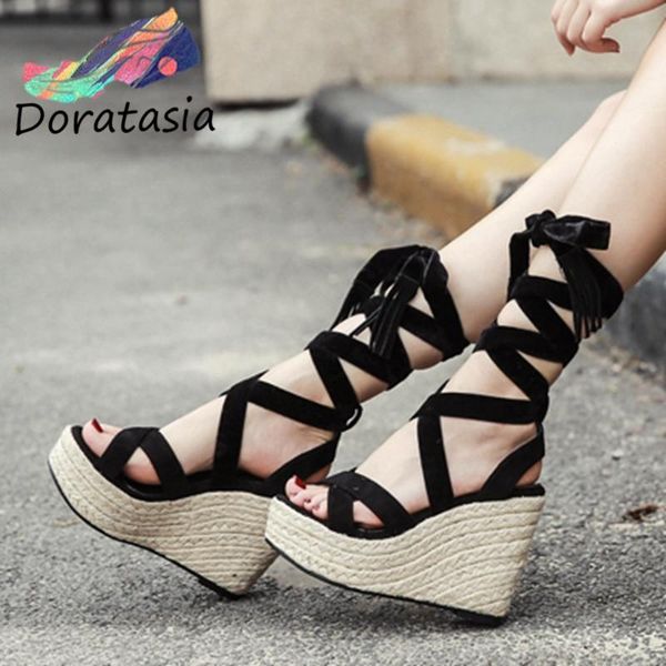 

doratasia сладкие сжатый голеностопного wrap обувь 2020 summer party platform sandals женщины моды супер высокой клинья сандалии, Black