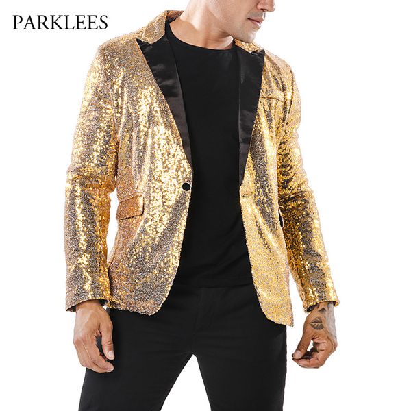 

2018 shiny gold sequin glitter blazer jacket men nightclub prom one button suit blazer men dj stage singer blazers costume homme, White;black