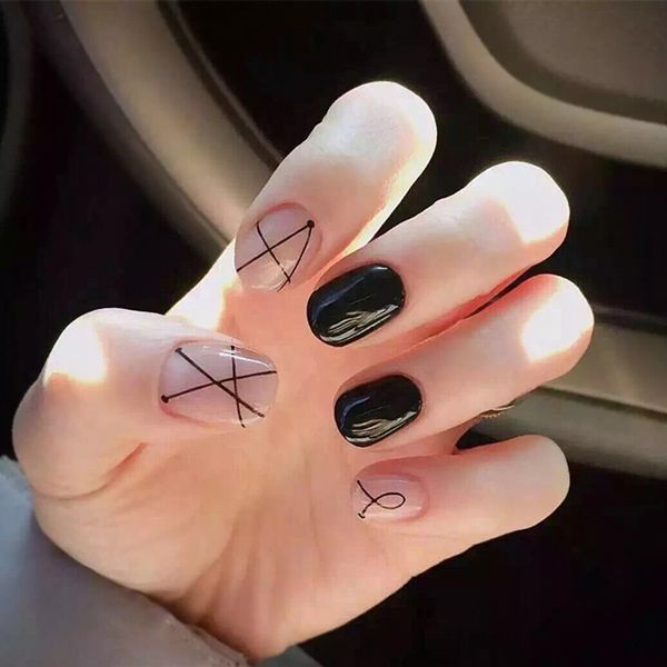 

24 pcs/set solid milk pink black nail tips acrylic short full false french nail art tips with glue sticker sj66, Red;gold