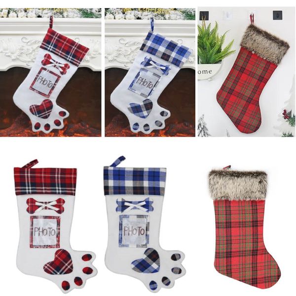 

dog claw christmas stocking decoration gifts bag plaid striped ornament stocking socks xmas candy bag home party shopwindow decor an2554