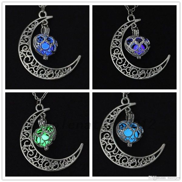 

glowing in the dark pendant necklaces hollow moon & heart choker necklace collares jewelry, Silver