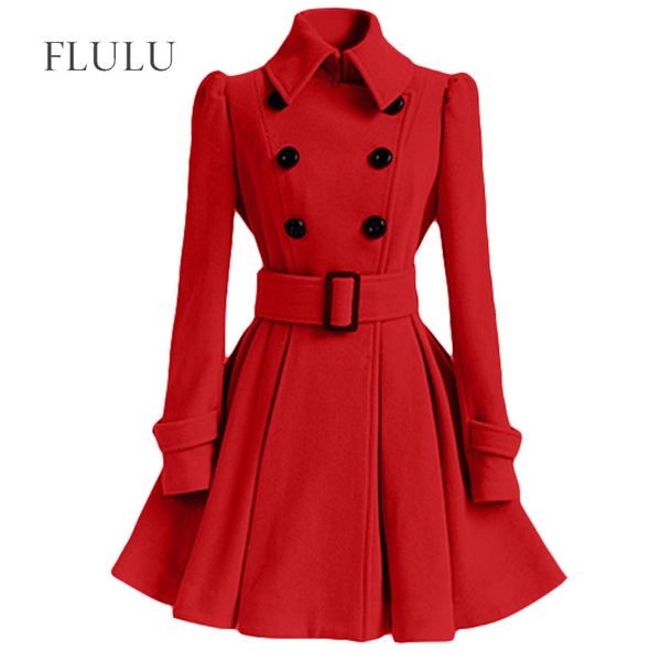 

flulu autumn winter coat women 2018 fashion slim vintage double breasted jacket women elegant long warm red blazer female mujer, Black