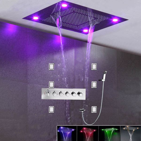 

concealed shower thermostatic faucets sus 304 with embedded ceiling led shower head 600x800mm rainfall waterfall 4'' body jet