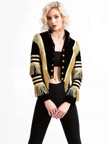 

tassel velvet jacket for women luxury designer navy fringe double breasted jackets womens fall winter black short suit coat gift xs, Black;brown