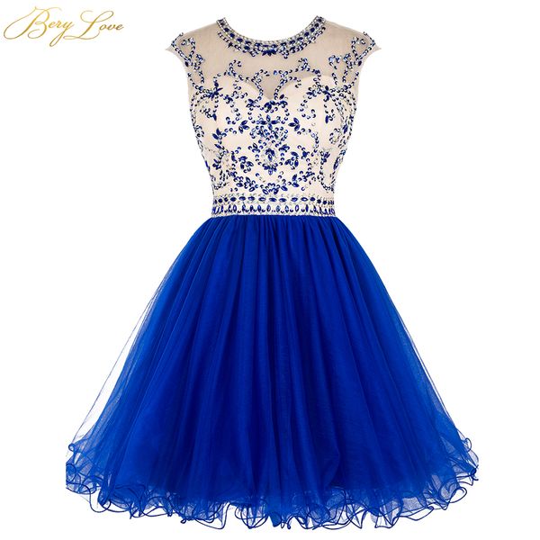 

berylove royal blue short homecoming dress 2019 crystal bodice ruffle skirt colorful short gown girl party prom graduation dress, White;black