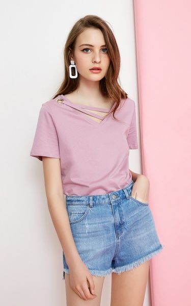 

100% cotton pure color collar decorative band casual short sleeve t-shirt | 318101523 drop shipping, White