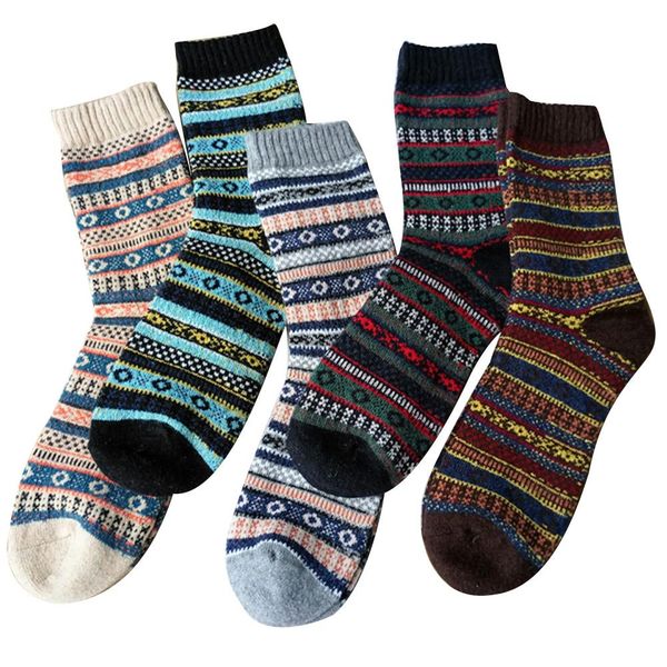 

5 pairs new winter vintage men color block thick warm elastic middle tube socks, Black