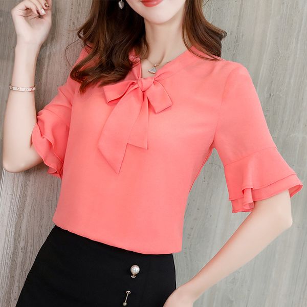 

women's blouses & shirts womens bow tie neck summer chiffon blouse short ruffles sleeve office work female 2021 elegant pink white blu