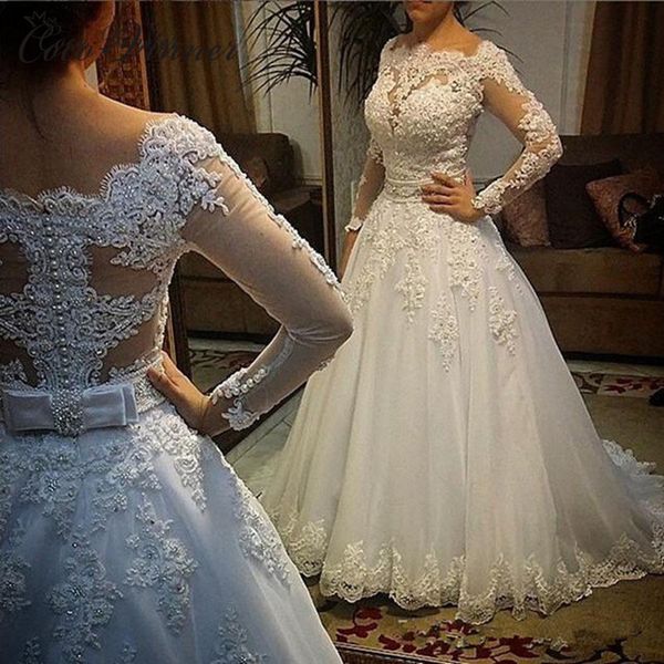 

vestido de noiva long sleeve pearls wedding dress 2020 new illusion tulle back a line wedding dresses bridal gown, White