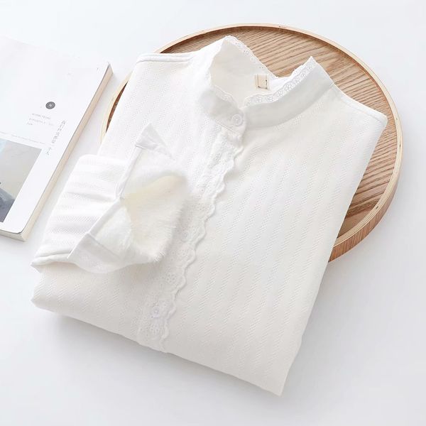 

2019 autumn winter women's flannel solid turndown collar shirts cotton elagent ruffle blouses long sleeve female girl's blusas, White