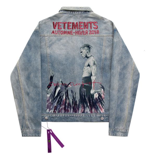 

19ss омывается синий singer печати denim кнопка куртки вскользь куртки мода верхняя одежда мужчины женщины парой street длинным рукавом курт, Black;brown