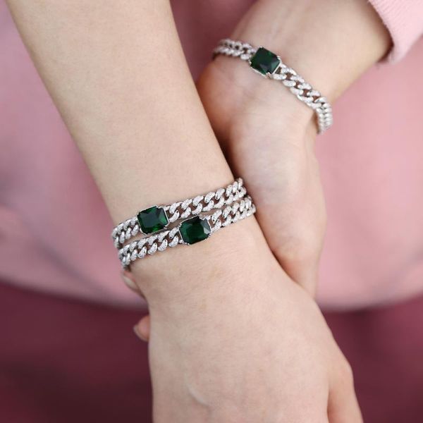 

charm shiny cz zircon stones bracelet big green crystal cuban chain punk jewelry bling micro cz pave setting bling bangle, Golden;silver