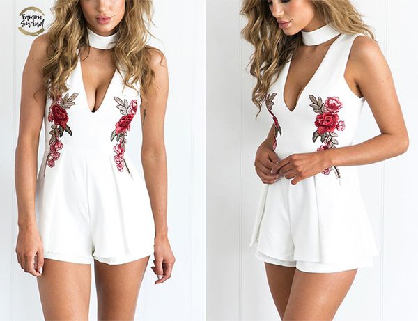 

summer elegant v neck floral women playsuit sleeveless white jumpsuits rompers casual beach overall embroidery plus size, Black;white
