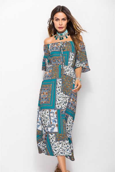 

summer slash neck high waist dress floral printed loose bohe beach dresses skirt long dresses, Black;gray
