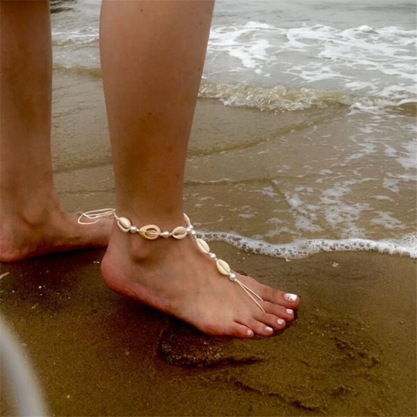 

natural sea shell pearl beach anklets for women barefoot ankle bracelet on leg toe anklet rope foot chain boho summer jewelry, Red;blue