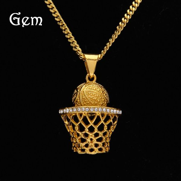 

2018 new fashion hip-hop jewelry men's basketball frame pendant necklace stainless steel rhinestone, Silver