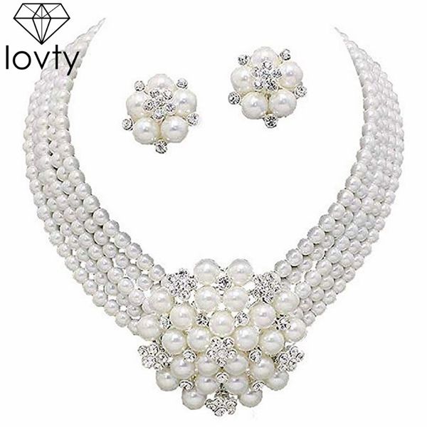 

lovty fashion imitation pearl necklace beads costume acessories for bridal wedding party jewelry sets with stud earring, Silver