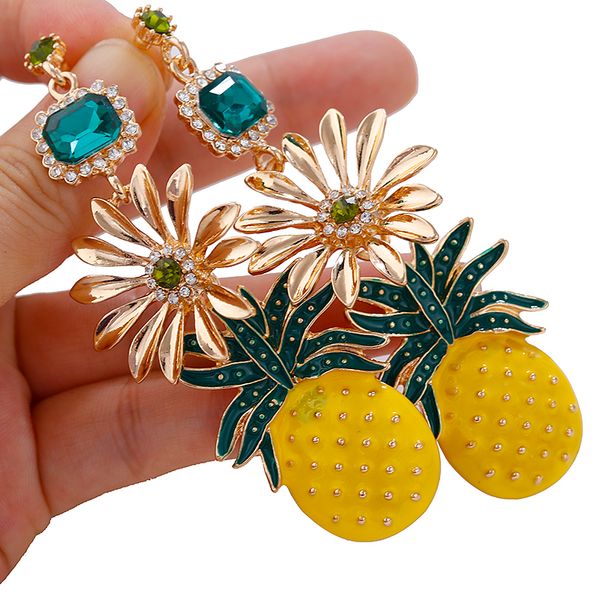 

aensoa new cute fashion crystal pineapple long drop earrings for women statement colorful fruits jewelry gift jewelry bijoux, Golden