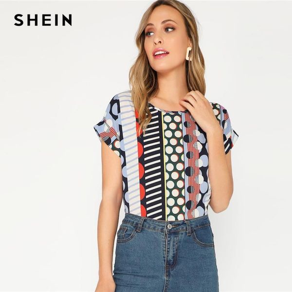 

shein geometric rolled up sleeve geo print blouse women 2019 spring multicolor round neck short sleeve blouses, White