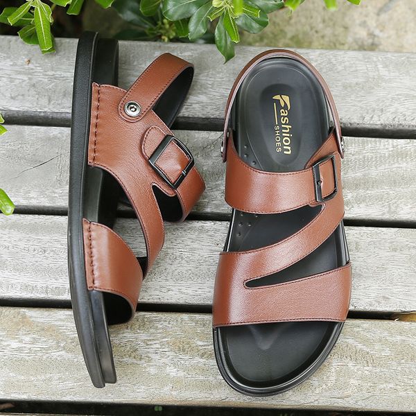 

summer man sandals casual beach shoes genuine leather leisure male sandals non-slip 2020 men slippers outdoor, Black