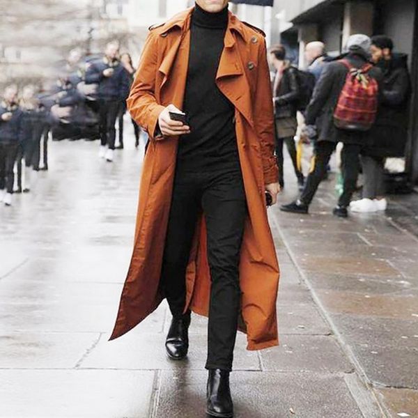 

2020new casual windbreaker men wild button design overcoat trench jacket solid color long trench single-breasted coat men jacket, Tan;black