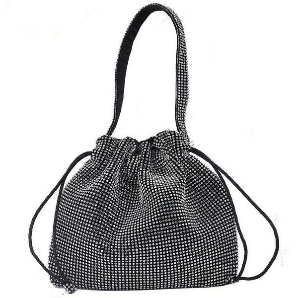 

2020 new ultra-flash custom drawstring handmade rhinestone bucket ultra-flash portable shoulder bag dinner ladies bag
