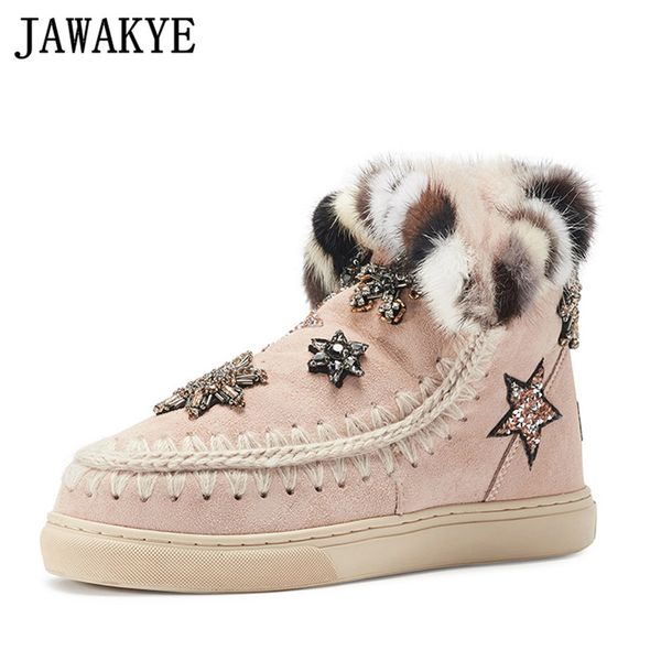 

new neckline fur wool snow boots women flat shoes five-pointed star crystal bead fashion boots nude black winter leisure shoes