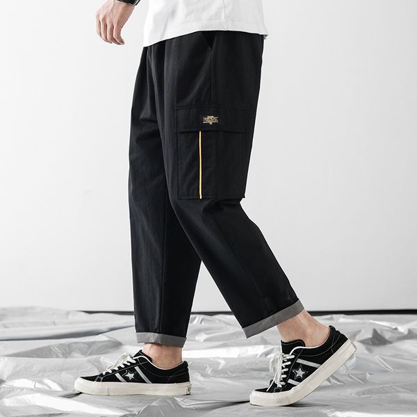 

tide brand men's clothing 2019 new summer mens pants with one packet designer nine men's pants straight leg hip casual pants solid, Black