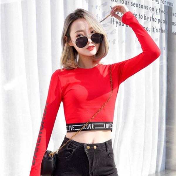 

c8awv aa summer and autumn letter omissions navel t-shirt short t-shirt long-sleeved tight high-waisted navel small heart machine female, White