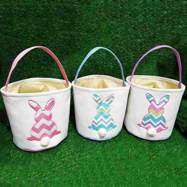 

Easter DIY Barrels Baskets Rabbit Pattern Large Storage Bags Bunny Embroidered Wavy Rabbit Handbag Party Decoration 4 Colors