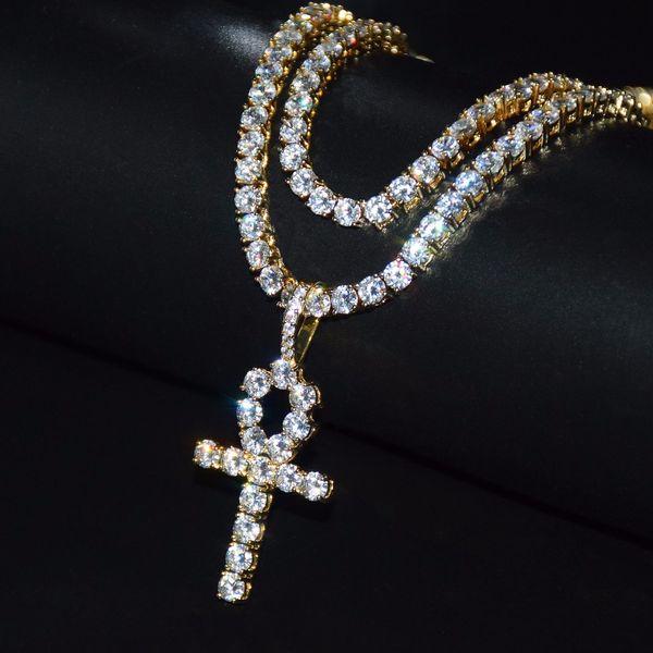

Ледяной из CZ Ключ Жизни Египет кулон ожерелье 4 мм теннис цепь набор золото серебр