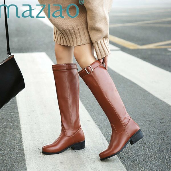 

plus size 33-46 women snow boots buckle with zip retro women's knee high boots thick fur warm winter drop ship maziao, Black