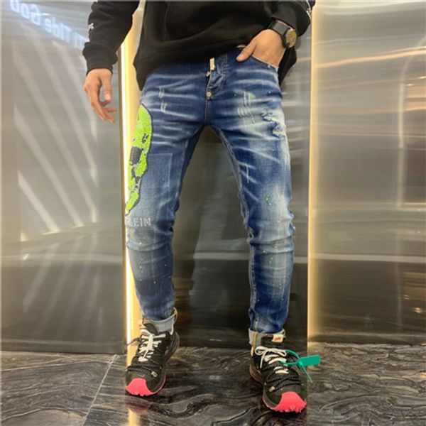 

2020 european and american style men's jeans slim fit tear jeans men's high street men's jogging jeans knee hole washed damag, Blue