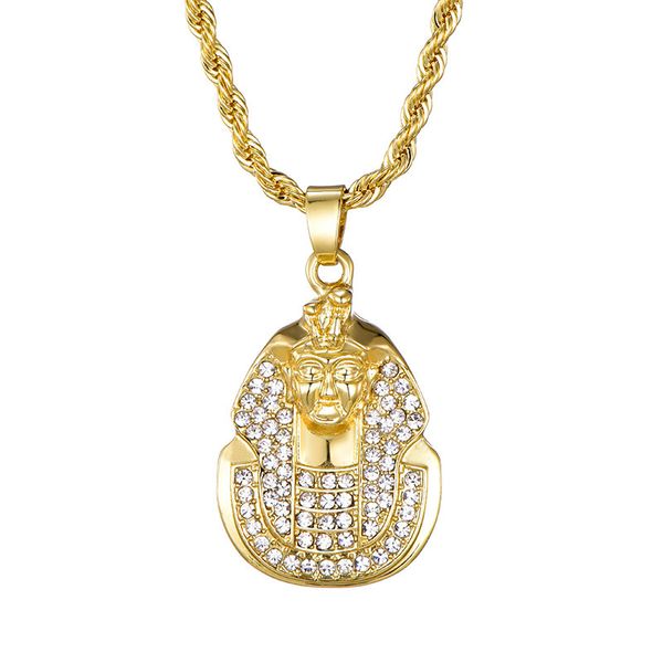 

pharaoh head pendant for men egyptian style iced out bling crystal gold/silver small charm necklace with chain hip hop jewelry