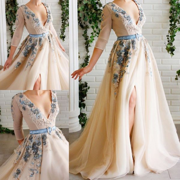 Elegante Floral Appliqued Prom Dresses V profundo Neck A Linha Side Dividir Evening Vestidos Plus Size até o chão Tulle mangas compridas vestido formal