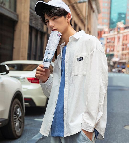 

leisure men's wear new shirt in spring 2020 long sleeve men's basic polo loose cotton shirt black red blue yellow white, White;black