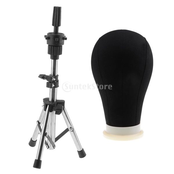

22inch black canvas poly block professional mannequin manikin head model for wig make display style dry with tripod clamp stand, White