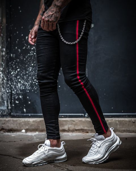 

Ripped black men jean de igner pencil triped red pencil pant fa hion clothing trou er