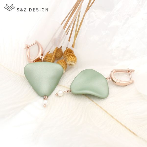 

s&z design south korean fashion wave triangle dangle earrings 585 rose gold imitation pearl eardrop for women wedding jewelry, Silver
