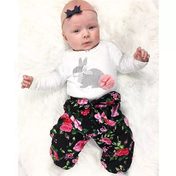 

infant easter costume set newborn o neck rabbit floral pant toddler easter long sleeve + pant clothes set, White