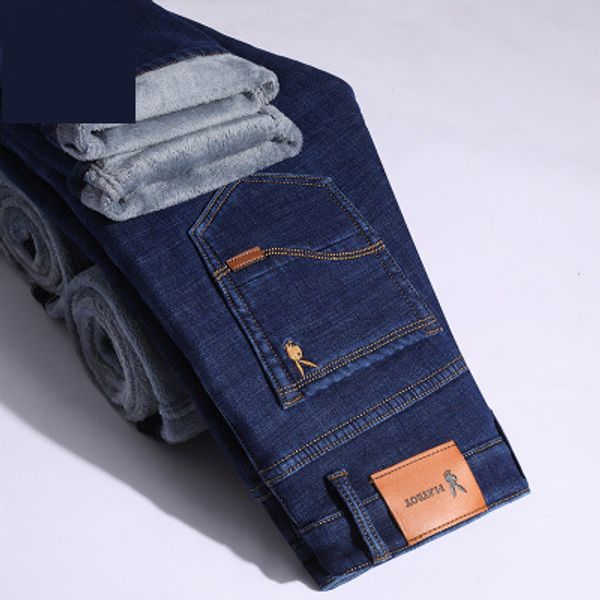 

mens jeans straight slim plus velvet stretch males pants winter thick pants 2020 new style simple versatile business jeans ng, Blue