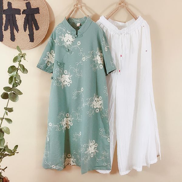 

2019 chinese traditional women cotton and linen qipao elegant cheongsam lady floral print vintage dress mandarin collar, Red